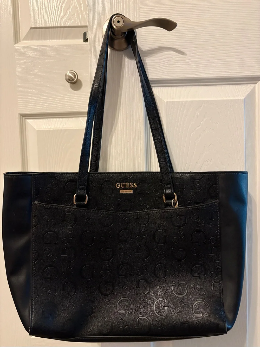 GUESS Black Embossed Logo Tote with Gold Accent